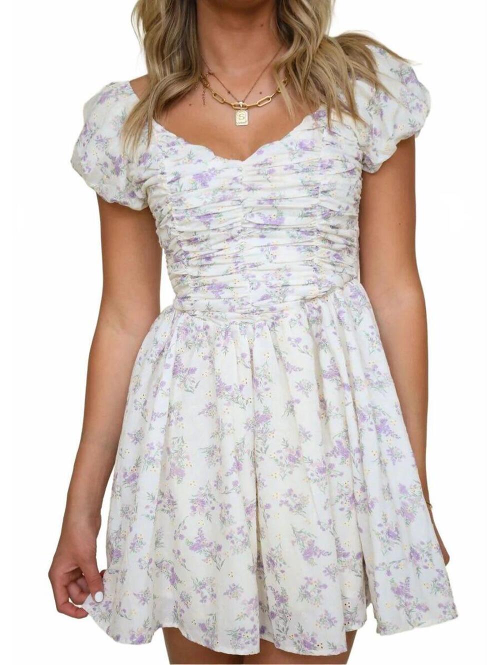 In The Beginning Floral Eyelet Mini Dress Large Cottagecore Puff Sleeve
